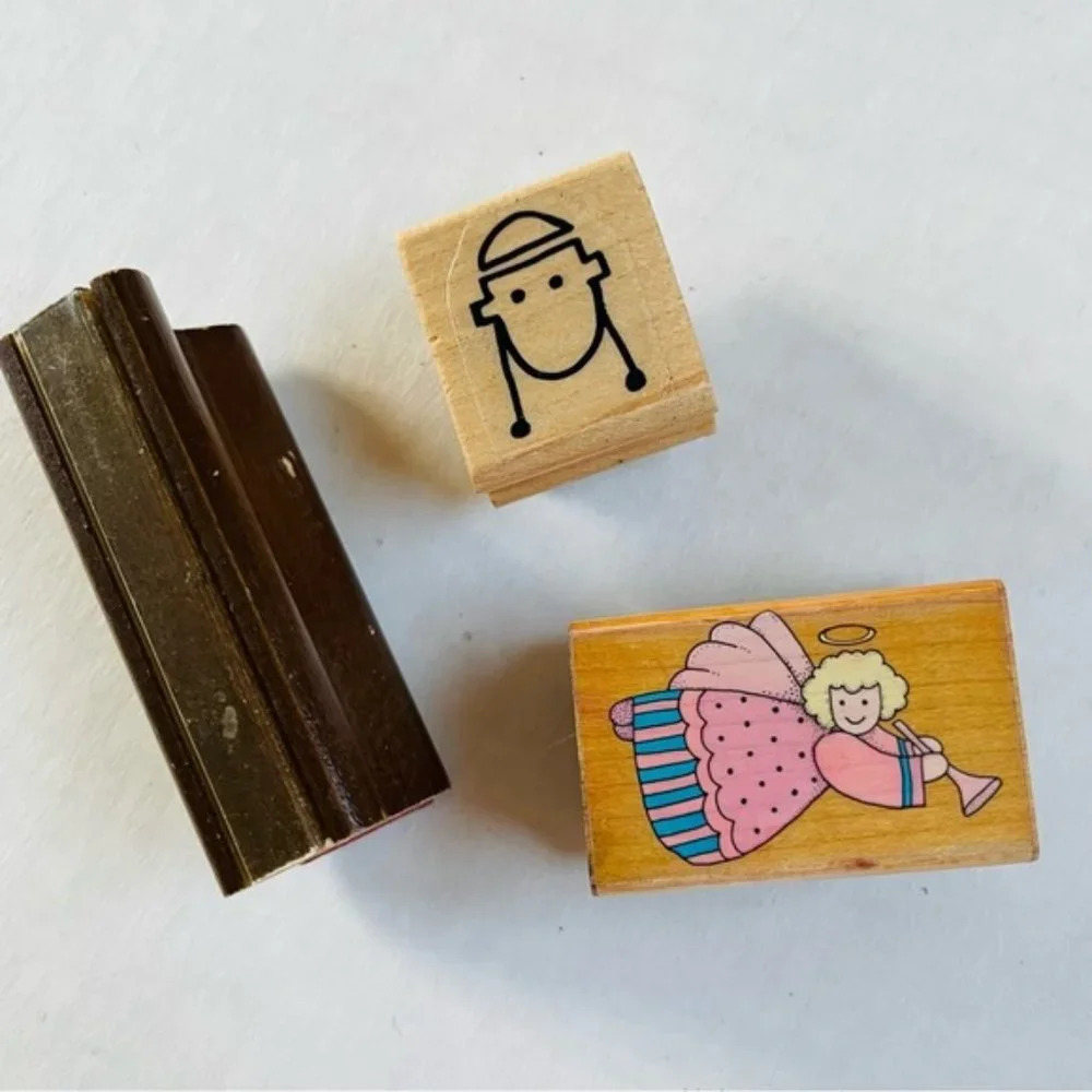 Wooden Rubber Stamp Angel Trumpet Monkey Fishin Lot of 3 Scrapbooking Arts Craft